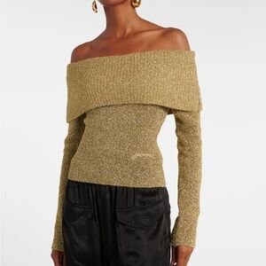 Ganni Gold Off-Shoulder Sweater